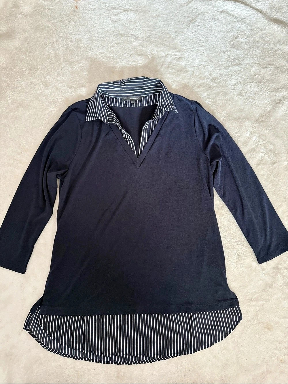 Adrianna Papell Print 3/4 Sleeve Open V-neck Knit Twofer Striped V-Neck Blouse